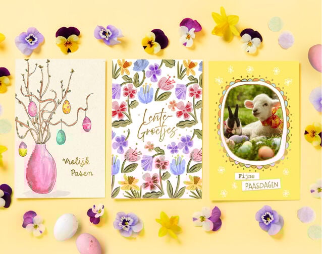 Drie paaskaarten met bloemen en eitjes er omheen