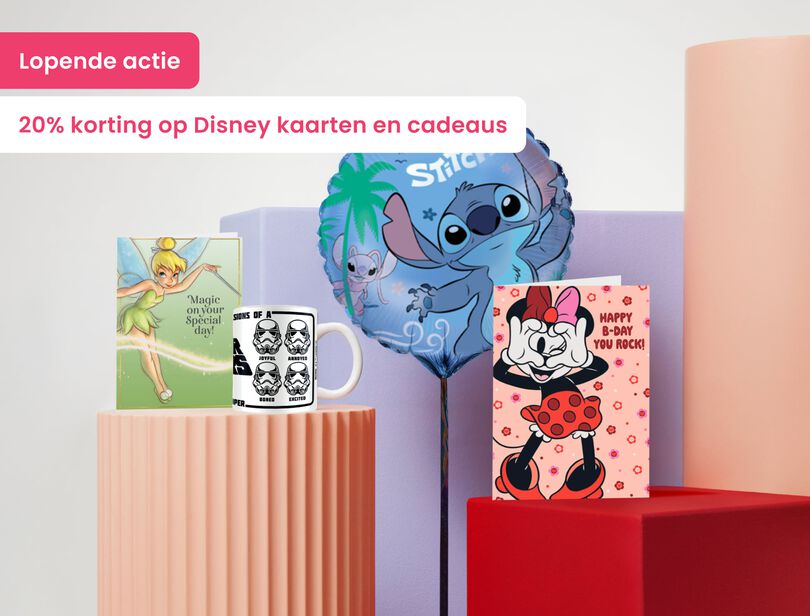 Lopende actie 20% korting op Disney met verschillende kaarten en cadeaus van disney uitgelicht