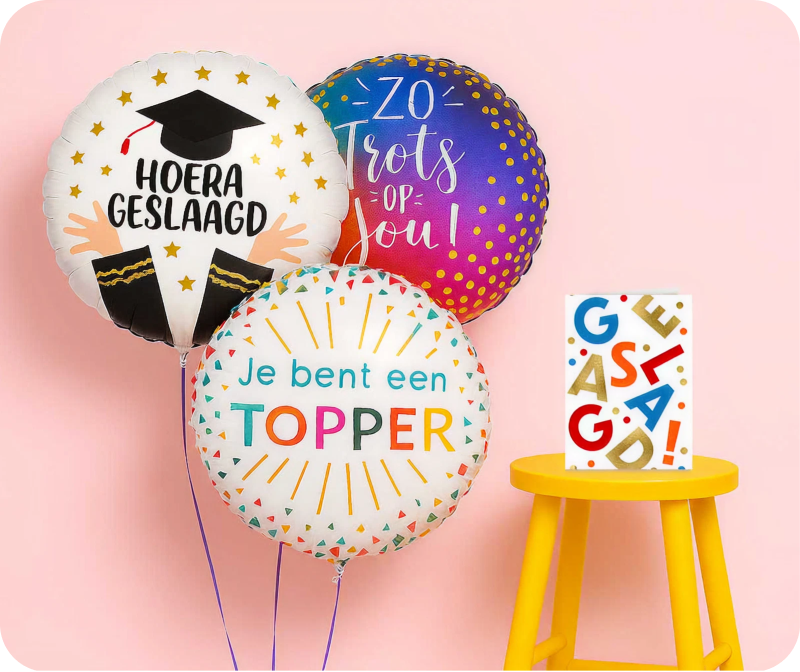 Drie verschillende ballonnen om iemand te feliciteren dat hij of zij geslaagd is