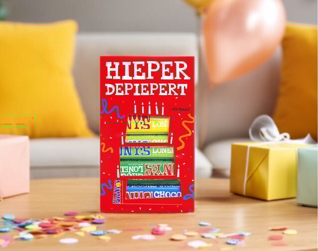 Een doosje van Tony's met verschillende chocoladerepen