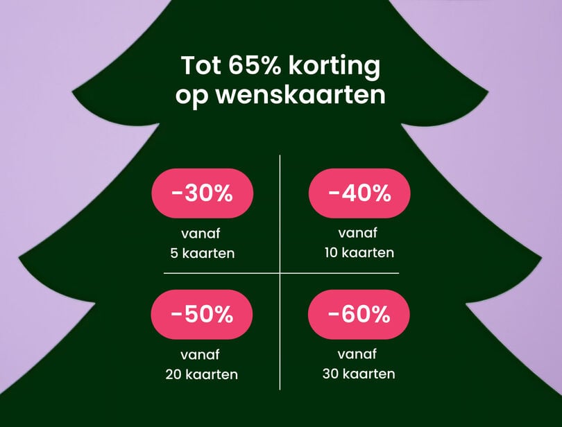 Afbeelding met verschillende kerst stapelkortingen hangen in een groene kerstboom met -30% vanaf 5 kaarten, - 40% vanaf 10 kaarten, -50% vanaf 20 kaarten, -60% vanaf 30 kaarten en -65% vanaf 100 kaarten