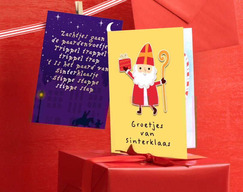 Een paarse en gele Sinterklaas kaart met de tekst 'groetjes van de sint' met een getekende sinterklaas op de kaart tegen een rode achtergrond. 