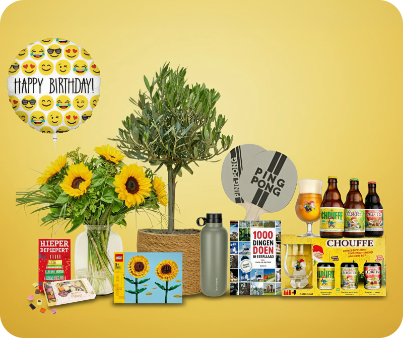Allemaal verschillende cadeaus waaronder bier, lego en bloemen