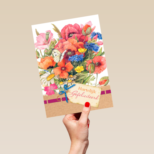 boeket met kaartje hartelijk gefeliciteerd