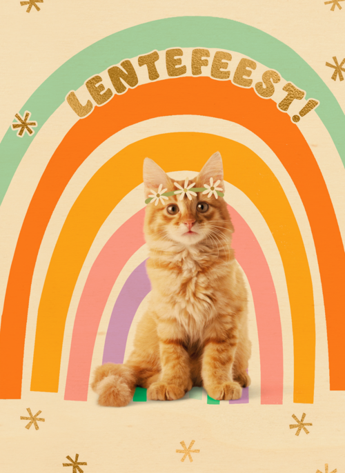 Houten Kaart Lentefeest | Houten Kaart Hallmark | Lentefeest | Regenboog Kat Lentefeest