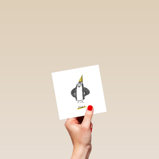 pinguin met feesthoed zegt joe