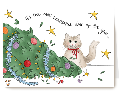 Kerstkaart grappig Kat met omgevallen kerstboom