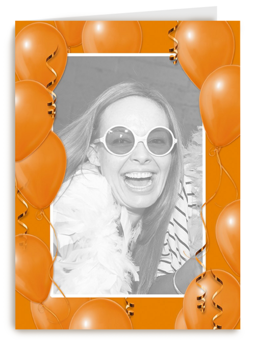 fotokaart staand met oranje ballonnen