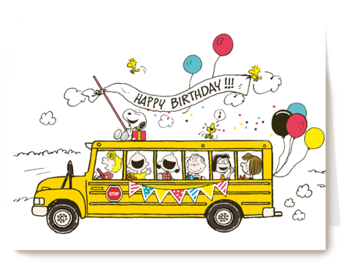 Snoopy verjaardagskaart schoolbus