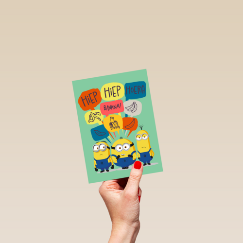 Verjaardagskaart de Minions hiep hiep hoera banana