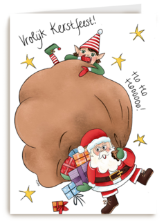 kerstkaart vrolijk kerstman en elfje matia heesakkers