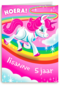 hoera een eenhoorn op een regenboog