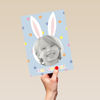 fotokaart feestelijke paasgroetjes met paasoren