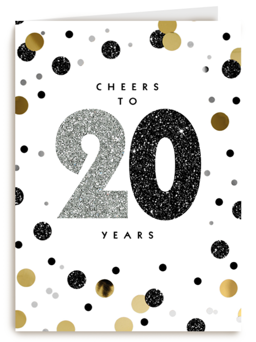 Verjaardagskaart leeftijden Cheers to 20 years wit en goud