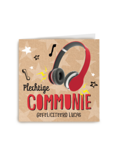 Stoere muzikale communie kaart met koptelefoon