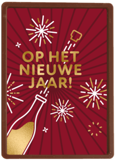 nieuwjaarskaart met fles die plopt en vuurwerk