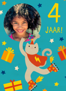 Feestende kat 4 jaar fotokaart