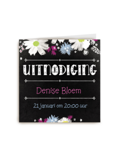 uitnodiging feest zwart met bloemen