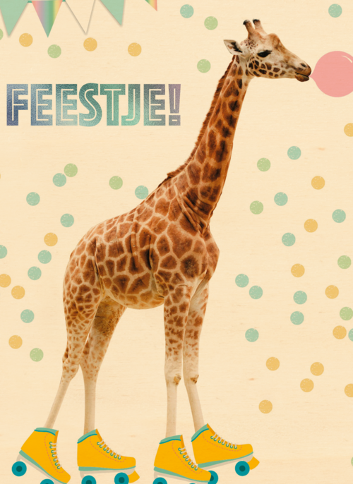 Houten Kaart Kinderfeest | Houten Kaart Hallmark | Kinderfeest | Het Is Feest Met Giraffe Met Rolschaatsen