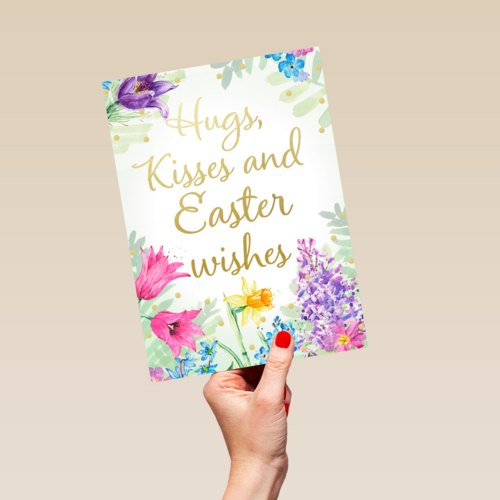 Paaskaart Engels Hugs kisses and Easter wishes