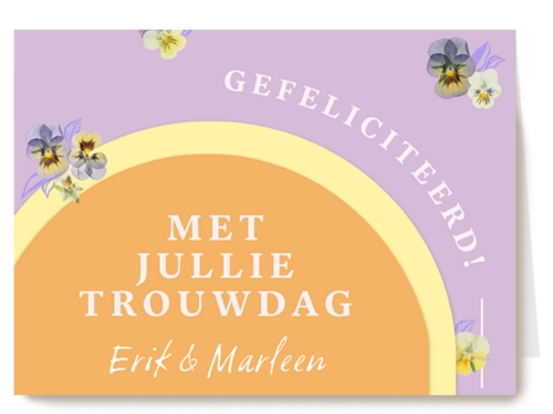 hippe trouwdag kaart met bloemen en paarse kleur
