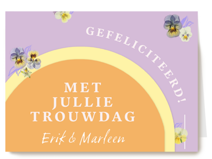 hippe trouwdag kaart met bloemen en paarse kleur