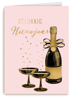 gelukkig nieuwjaar met flesje champagne en glazen
