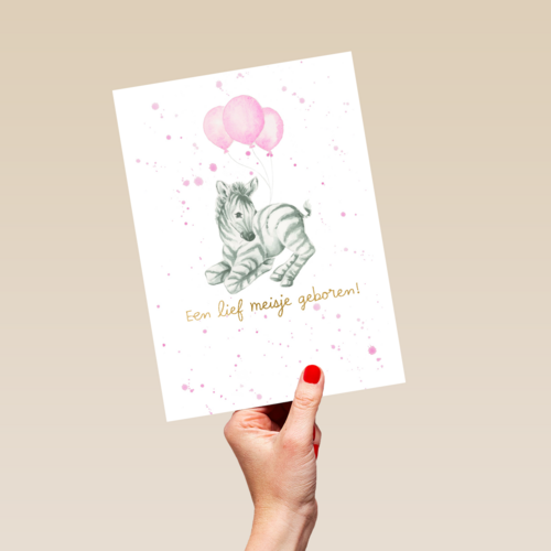Babykaart dochter Zebra met roze ballonnen