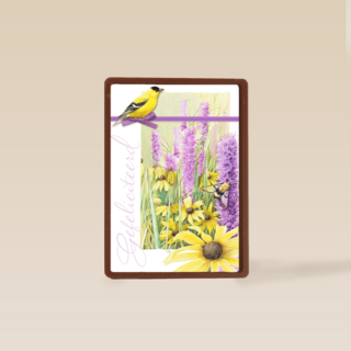 gele vogel met paarse bloemen