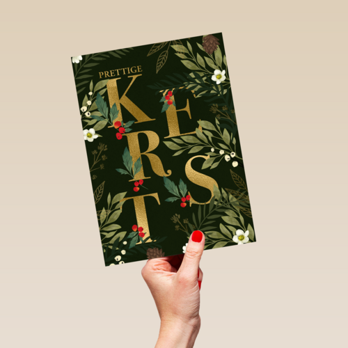 Kerstkaart klassiek gouden letters