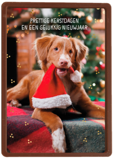 Kerstkaart klassiek Hond met kerstmuts
