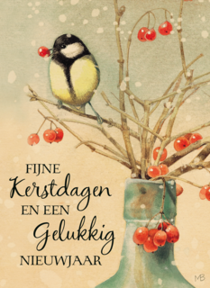 Kerstkaart Marjolein Bastin koolmees rode bes