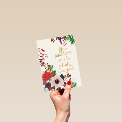 Kerstkaart klassiek bloemen en kersttak