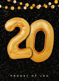 Verjaardagskaart leeftijden 20 ballonletters