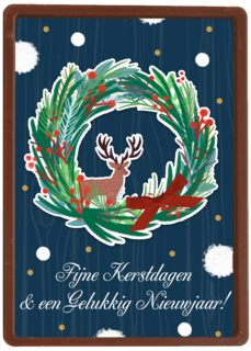 Blauwe kerstkaart kerstkrans rendier