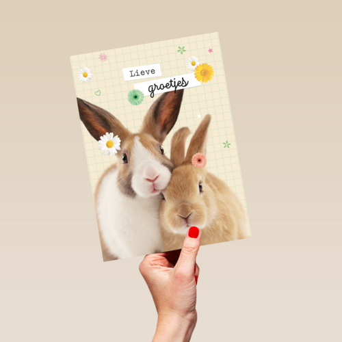 lieve groetjes kaart met konijnen en bloemetjes