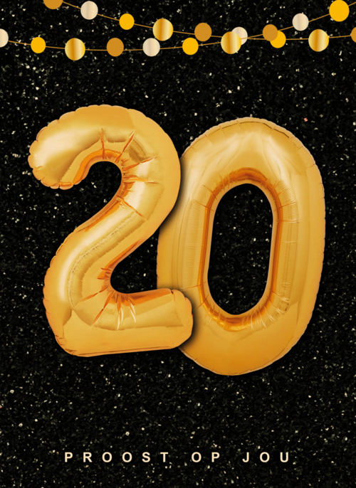 Verjaardagskaart leeftijden 20 ballonletters