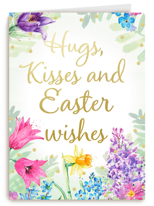 Paaskaart Engels Hugs kisses and Easter wishes