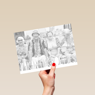 vakantiegroetjes witte tekst fotokaart