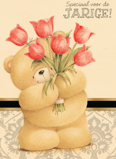 beer met boeket rode tulpen
