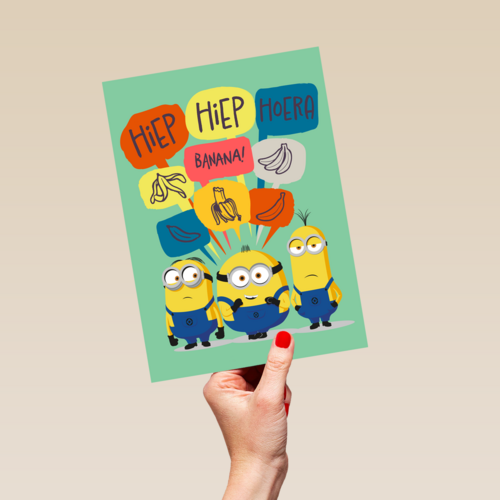 Verjaardagskaart de Minions hiep hiep hoera banana