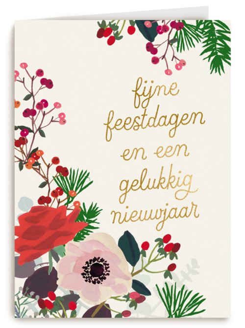 Kerstkaart klassiek bloemen en kersttak