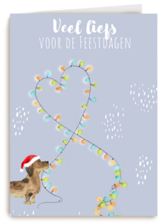 kerstkaart met hond en kerstverlichting