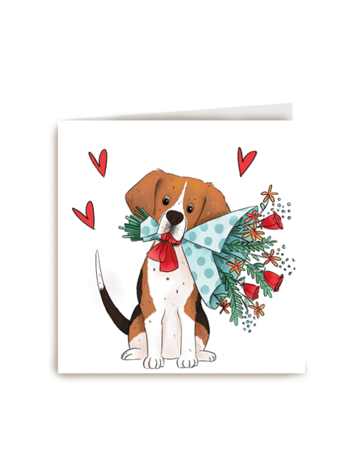 valentijnskaart getekende hond met bos bloemen