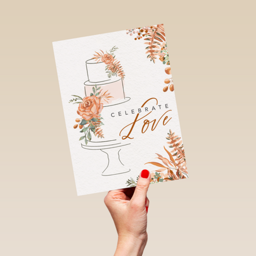 klassieke trouwkaart met taart en bloemen