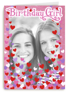 fotokaart birthday girl roze met hartjes