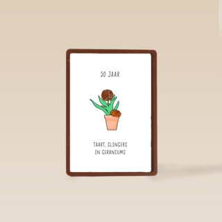 Verjaardagskaart 50 taart slingers en geraniums