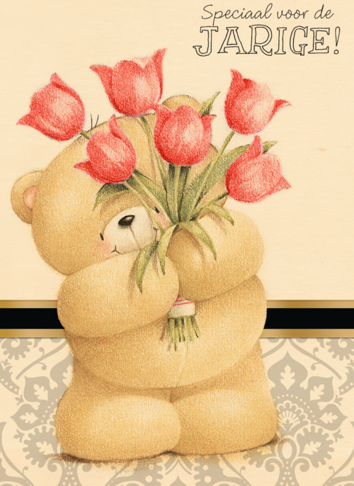 beer met boeket rode tulpen
