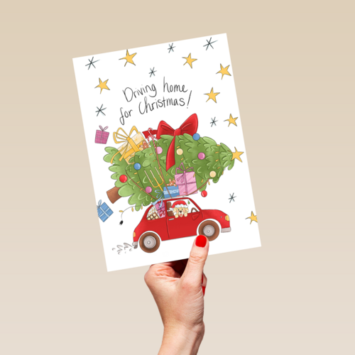 Kerstkaart matia studio kerstboom op auto
