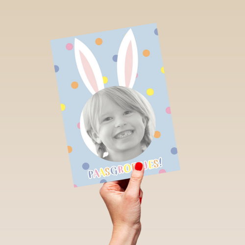 fotokaart feestelijke paasgroetjes met paasoren